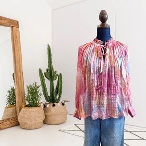 Love Shack Fancy Willow Long Sleeve Tie Neck Silk Blouse